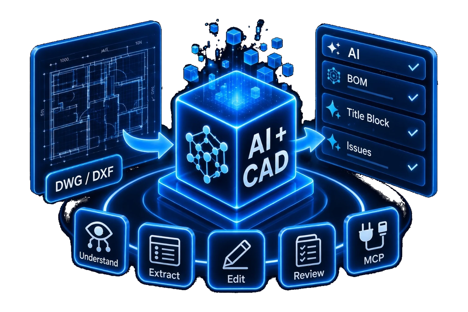 AI assisting with a CAD drawing: understand, extract, edit, and review